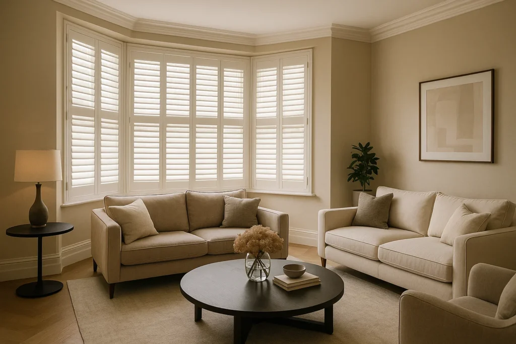 "Made-to-measure plantation shutters fitted to bay windows in a Cheshire home"