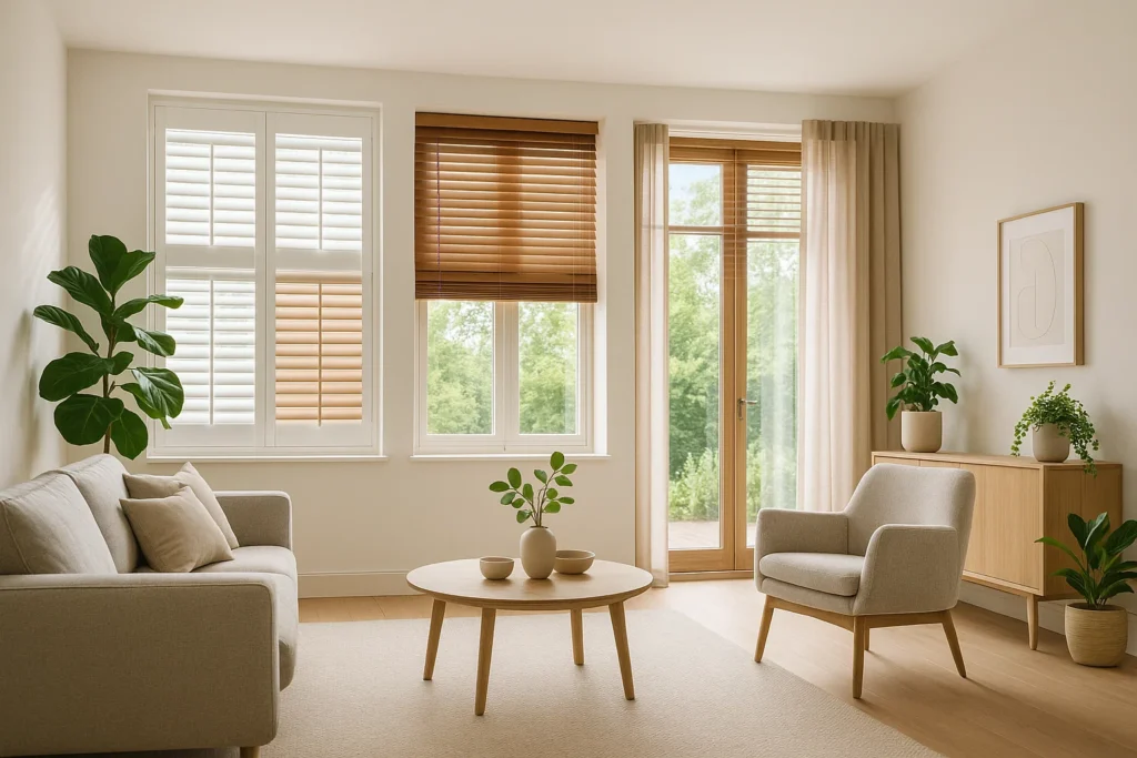 "Cheshire living room showcasing plantation shutters, wooden blinds, and linen curtains on large windows"