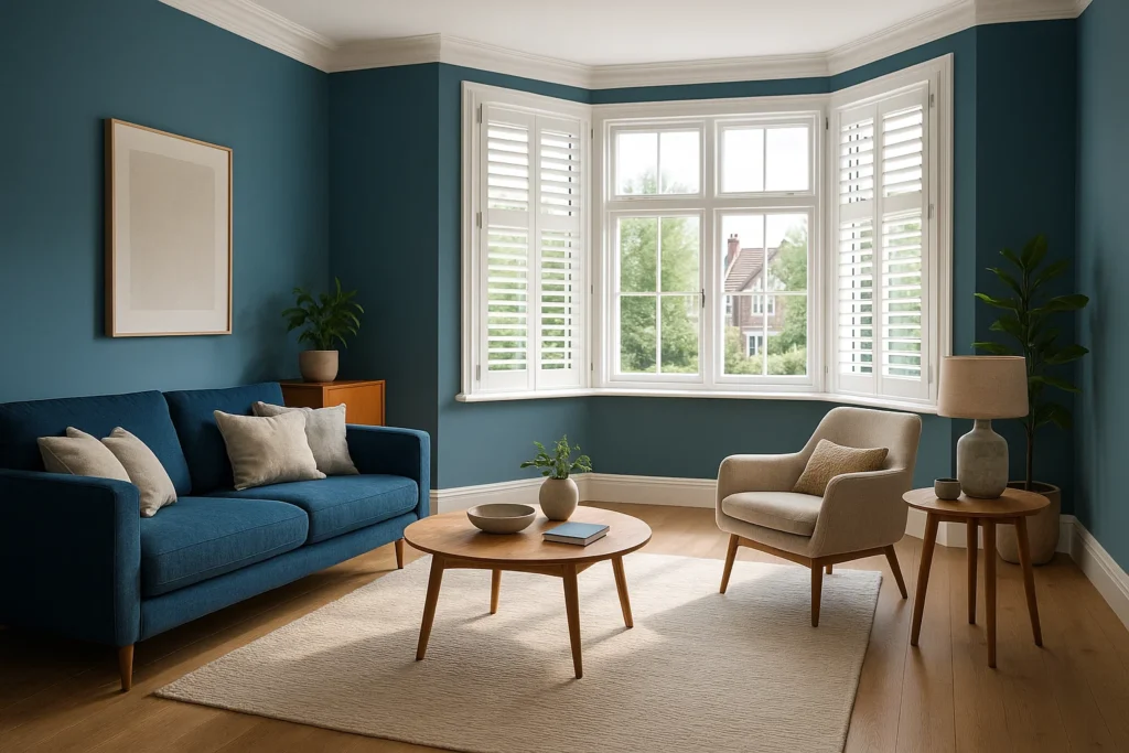 UK living room with large bay window and white plantation shutter blinds open against blue walls
