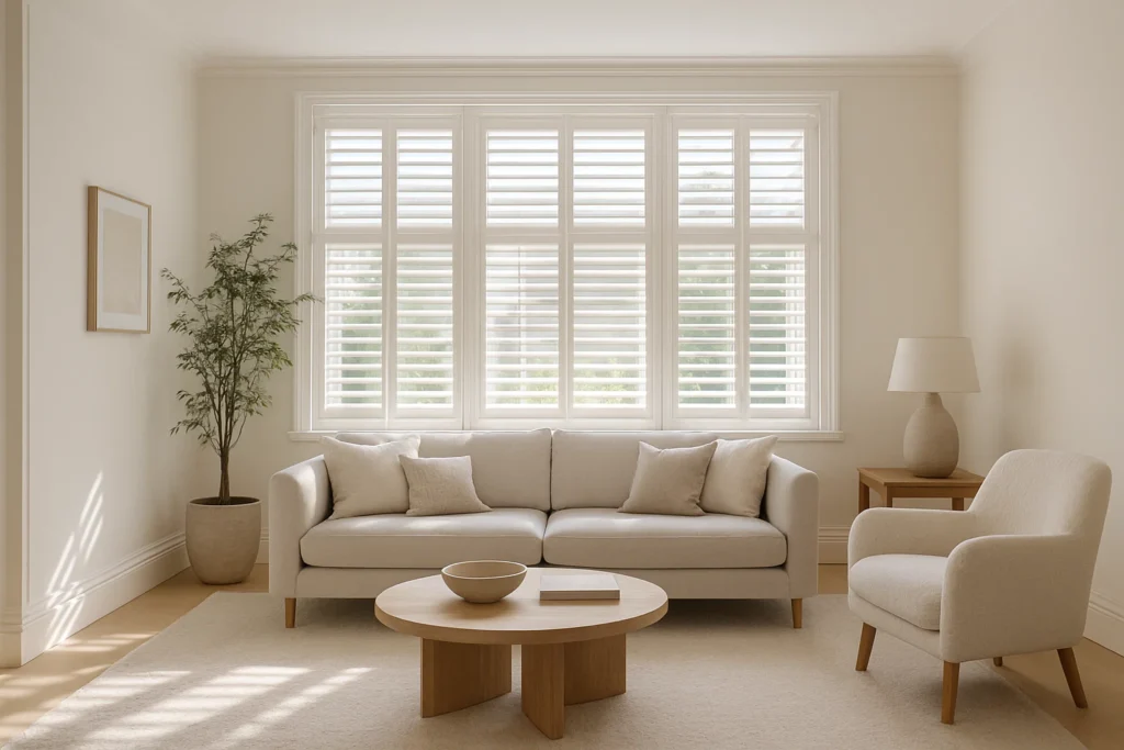 White plantation shutters in a bright modern UK living room
