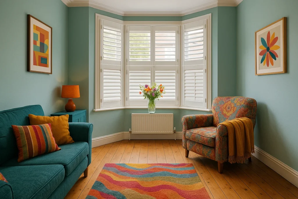 Bright UK living room with white tier on tier bay window shutters, sage green walls, and colourful soft furnishings