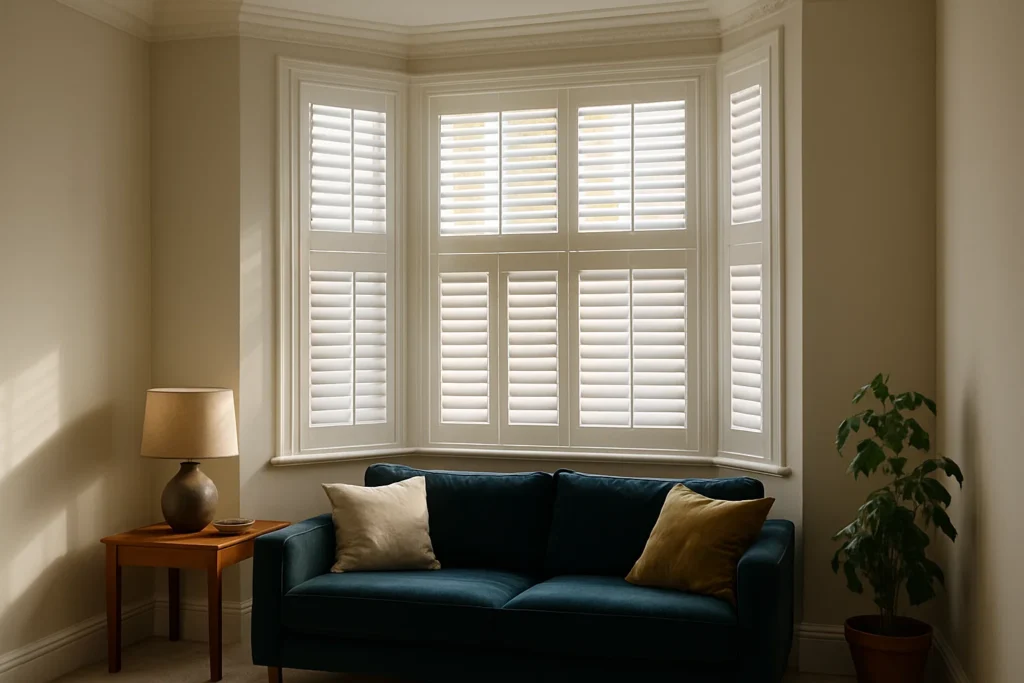 UK bay window with white tier on tier shutters, top panels open, in a bright living room with natural light