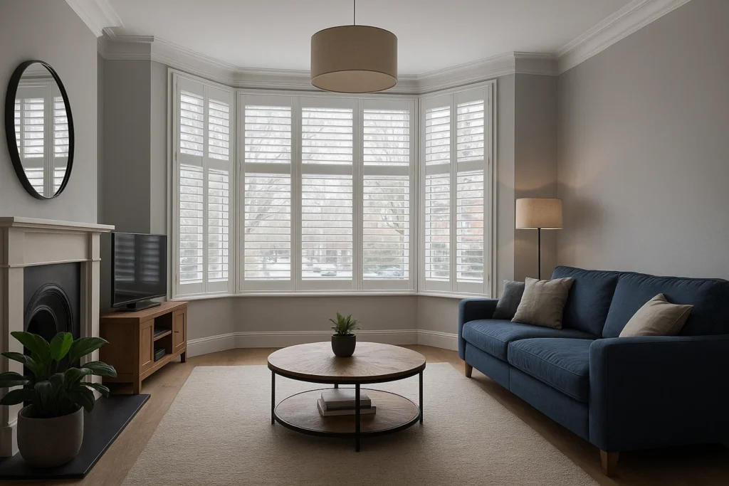 Manchester living room with plantation shutters for style and insulation.