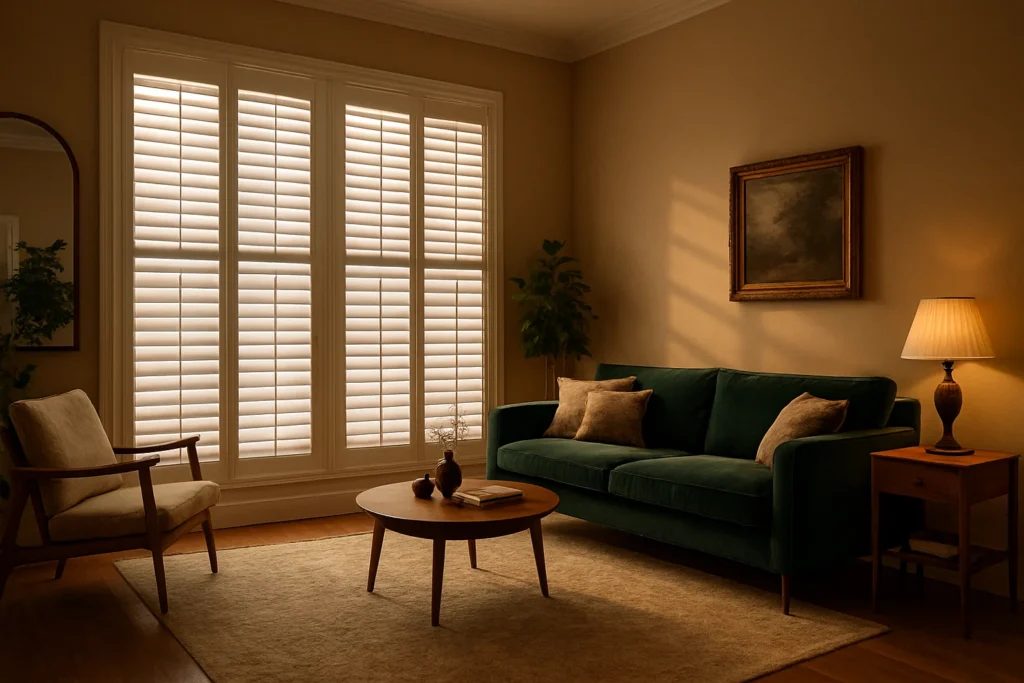 White plantation shutters adding insulation and style in a modern living room, suitable for all seasons.